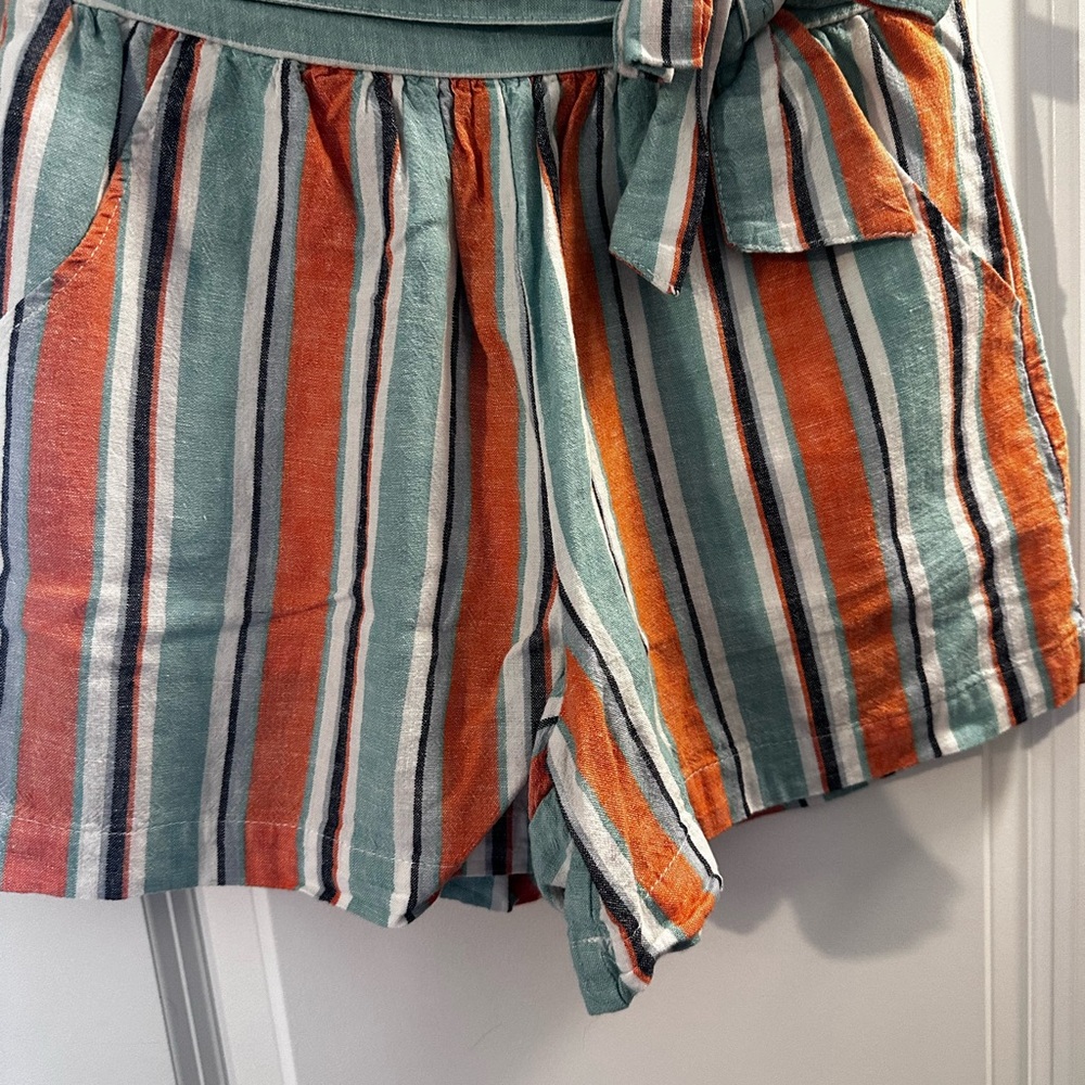 Striped Linen-Blend Girls Shorts with Waist Tie – Size 14